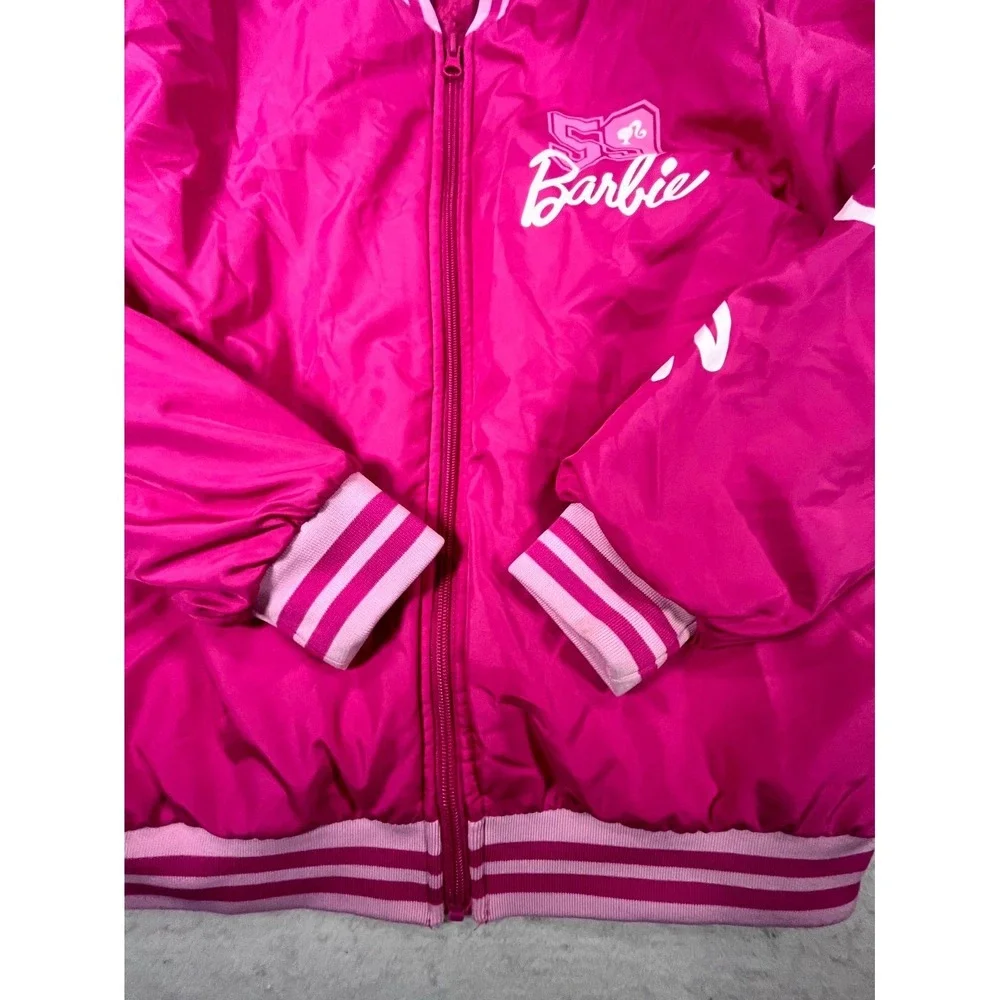 Barbie Varsity Bomber‎ Jacket Girls 10/12 Pink Graphic Lined Full Zip Outerwear